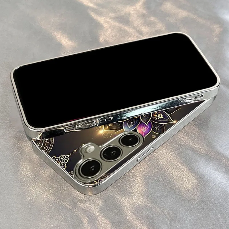 Mandala Lotus Pattern Electroplate Silver Phone Case with Tempered Glass Cover