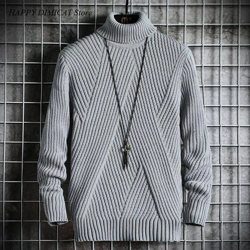 Men Solid Color Irregular Stripes Korean Fashion Sweater Mock Neck Sweater Knit Pullovers Autumn Slim Fit Fashion Clothing