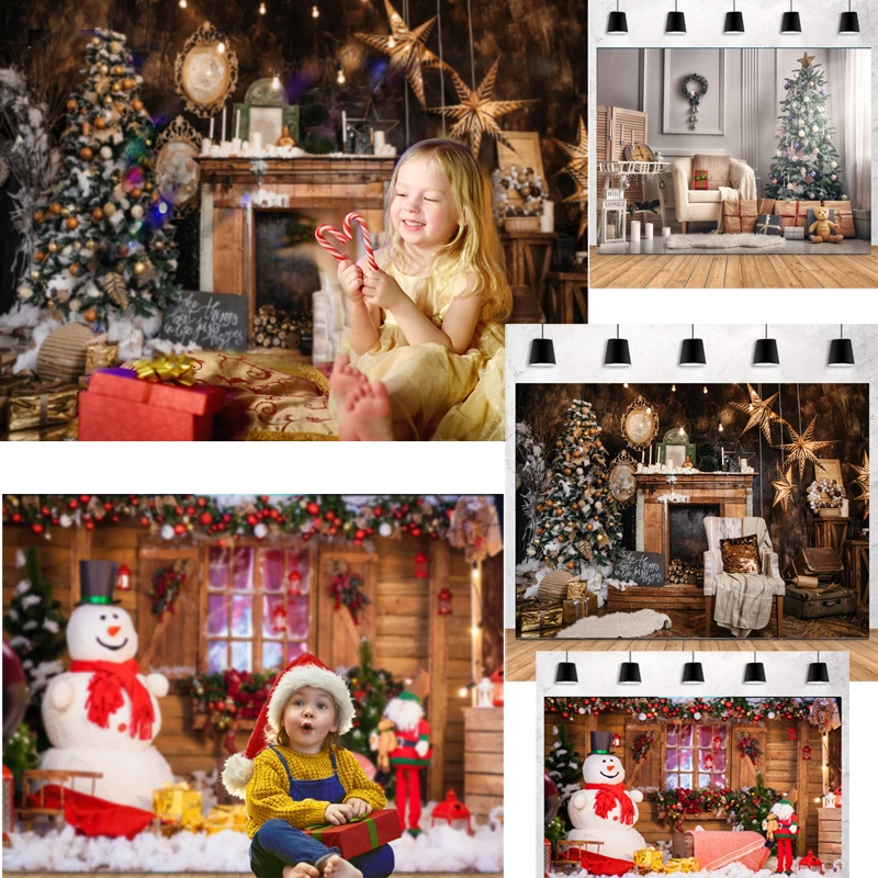 Muslimvoor Fotomicrafie Winter Kerstboom Raam Open Haard Geschenken Houten Deur Baby Famie Feest Portret Foto Achterg