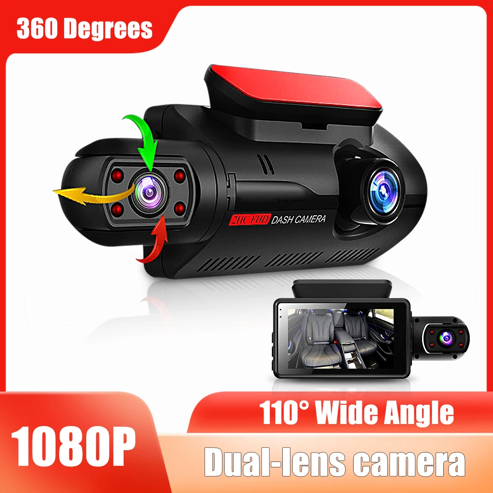 

1080P Dash Cam Front And Cabin Dual Lens Car Camera Recorder 3" Screen 110° Wide Angle Night Vision Loop Recording Motion Sensor