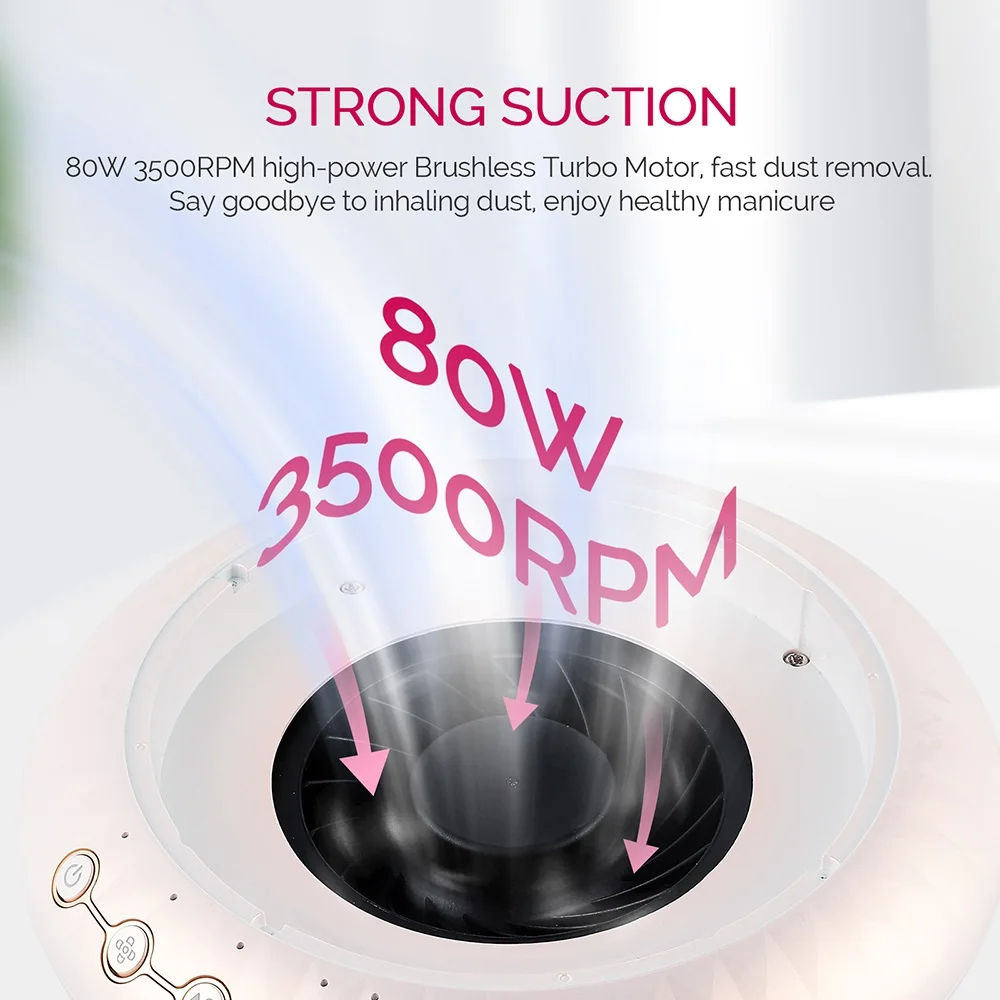 80W Powerful Suction Low Noise Brushless Nail Dust Collector Dust Extractor Nail Art Manicure Nail Vacuum Cleaner With 2 Filter