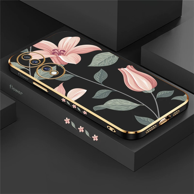 Elegant Floral Shockproof Silicone Phone Cover with Plated Edges