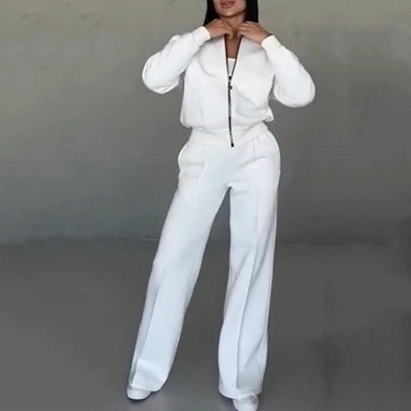 Spring Woman Loose Tracksuit Zipper Sweatshirt Coat+High Waist Straight Pants Sports Outfits Female Autumn Casual Two-piece Set 4