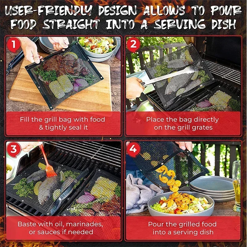 Reusable Non-Stick BBQ Barbecue Bags Mesh Grill Bags for Charcoal Gas Smokers BBQ Veggie Grill