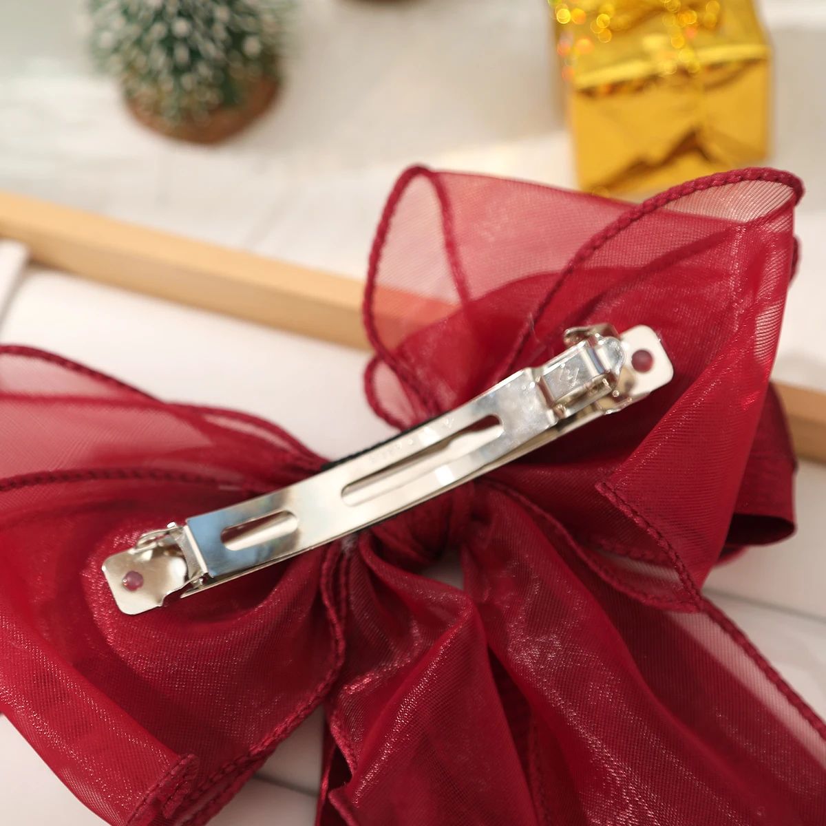 Ladies Wine Red Bow Hair Clip Ribbon Barrettes Clip Girls Bowknot Mesh Yarn Hairpin Women Hair Accessories New Year Gift