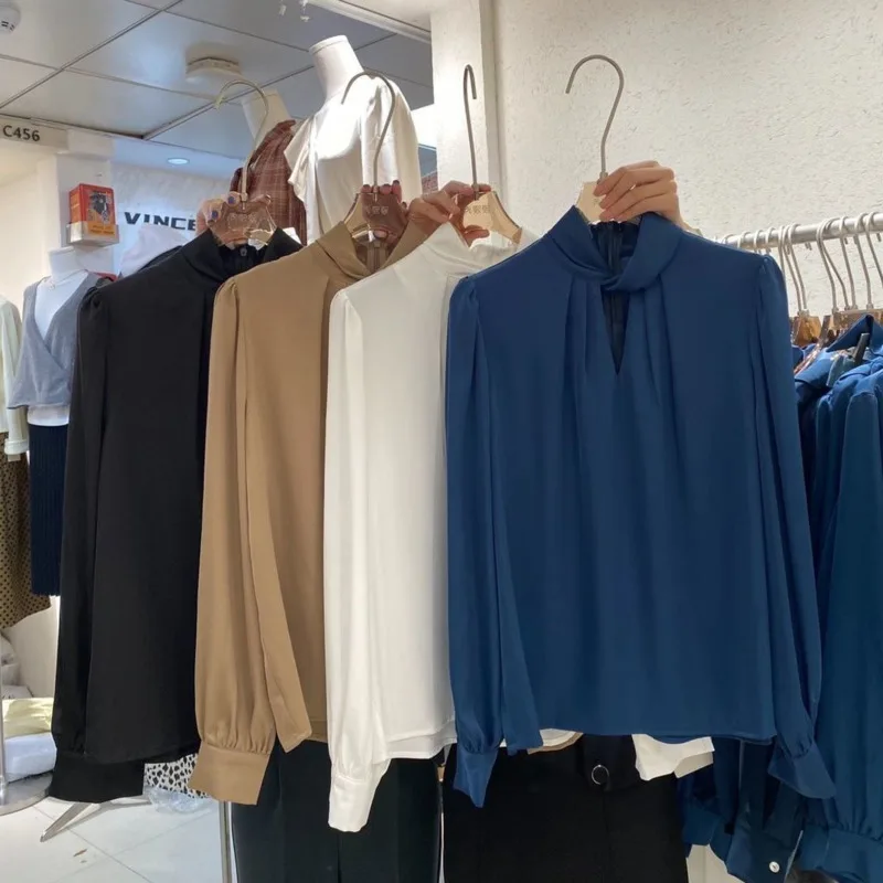 

Blue Designer Shirt Women Spring French Bubble Long Sleeve Fashion Tops Kawaii Clothes White Blouse Elegant With Hole