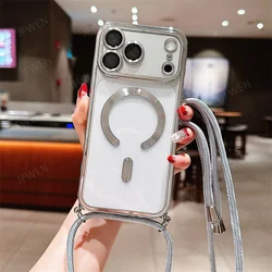 Clear Magnetic Crossbody Lanyard Case with Electroplated Soft TPU Back Cover for iPhone 15 (Silver)