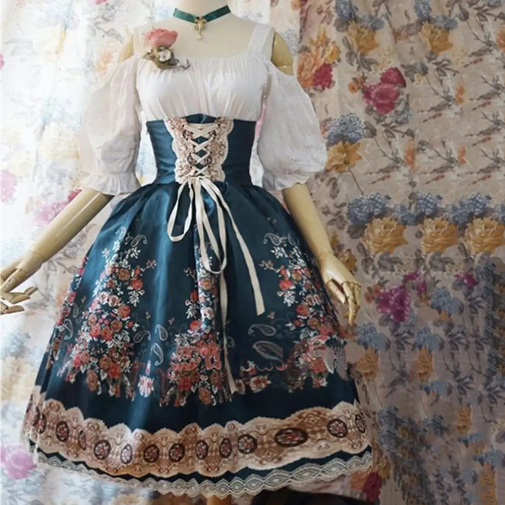 

Women Performance Dress Lolita Princess Dress A-line Big Swing Lace Floral Printing Lace-up Strap Halloween Cosplay Party Dress