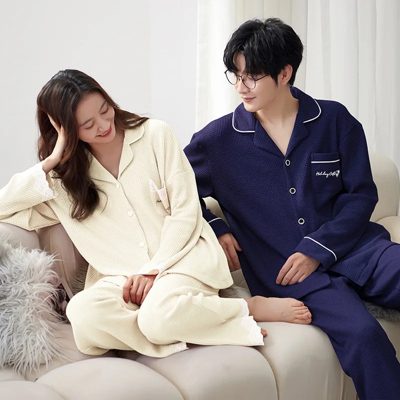Cotton Pajamas Women's Sleepwear Autumn Cardigan Nightwear Men Home Wear Waffle Pjs Korean Fashion Home Clothes pyjama homme