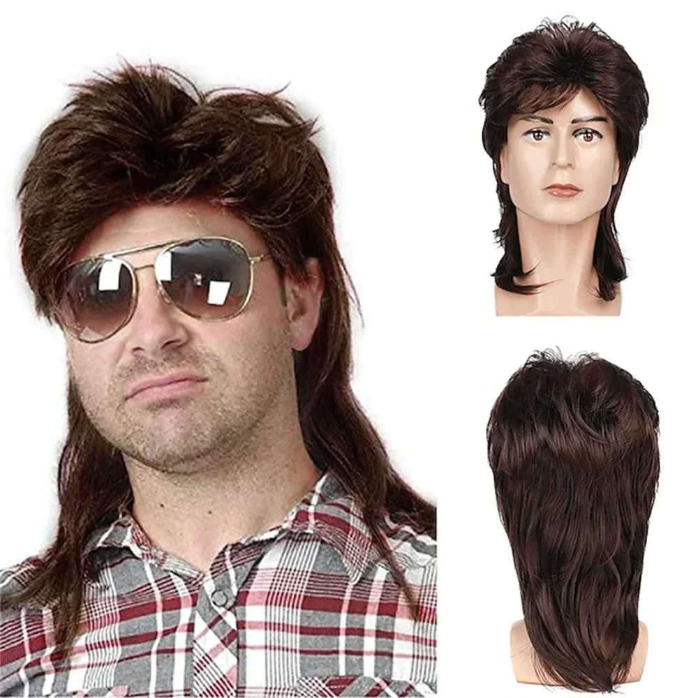 Perruque Mullet Années 80 Marron – Lot Avec Lunettes Et Moustache, Déguisement Rétro Pour Fête, Cosplay, Thème Hippie