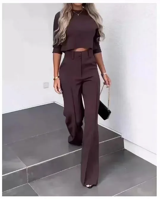 Casual Fashion Women Half Sleeve Crop T-shirt & Wide Leg Pants Set Summer Femme Office Lady Two Pieces Suit Set Workwear Outfits