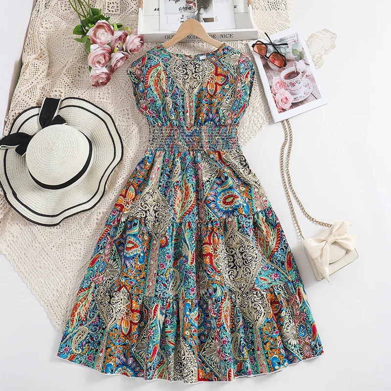 

7-15Y Summer Printed Fashion Children's Dress Short Sleeve Round Neck Beach Dresses Girls Casual Dress