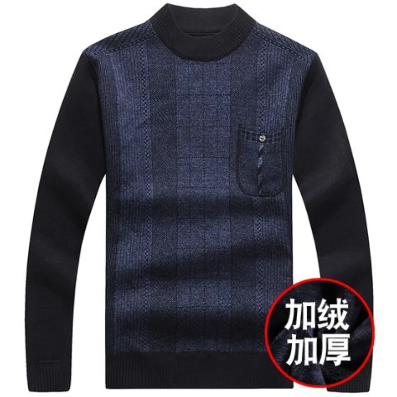 Men Autumn and Winter New Crew Neck Sweater Solid Color Plaid Pockets Spliced Fleece Warm Versatile Long-sleeved Tops