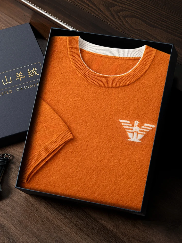 Fashion Spring Summer Men's 100% Cashmere O-Neck Knitted Sweater Classic Pattern Short Sleeve Shirt Man Clothes Loose Pullover