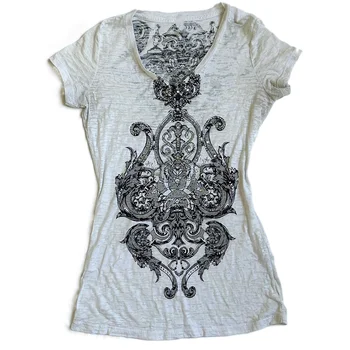 T-shirt Emo stile giapponese retrò anni 2000 Vintage Y2K Grunge Cyber Crop Top con strass Grafica manica corta con scollo a V Tees Donna 1