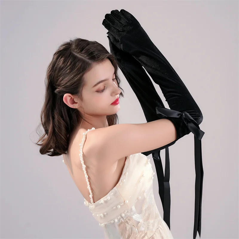 Black velvet bow dress gloves dinner gloves Halloween accessories studio photography accessories velvet bow gloves