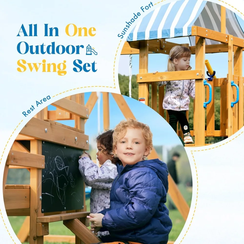 Wooden Swing Set, All-in-One Kids Outdoor Play Equipment with Two Swings, Slide, Blackboard, Telescope, Fort, Outdoor Playset 4