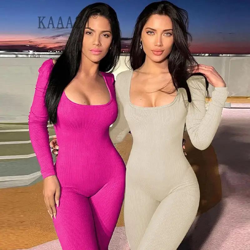 

KAAAZI Sexy Fashion Backless Women U-neck Long Sleeve Jumpsuit Lace-up New Slim Solid Casual Female Bodysuits Streetwear Chic