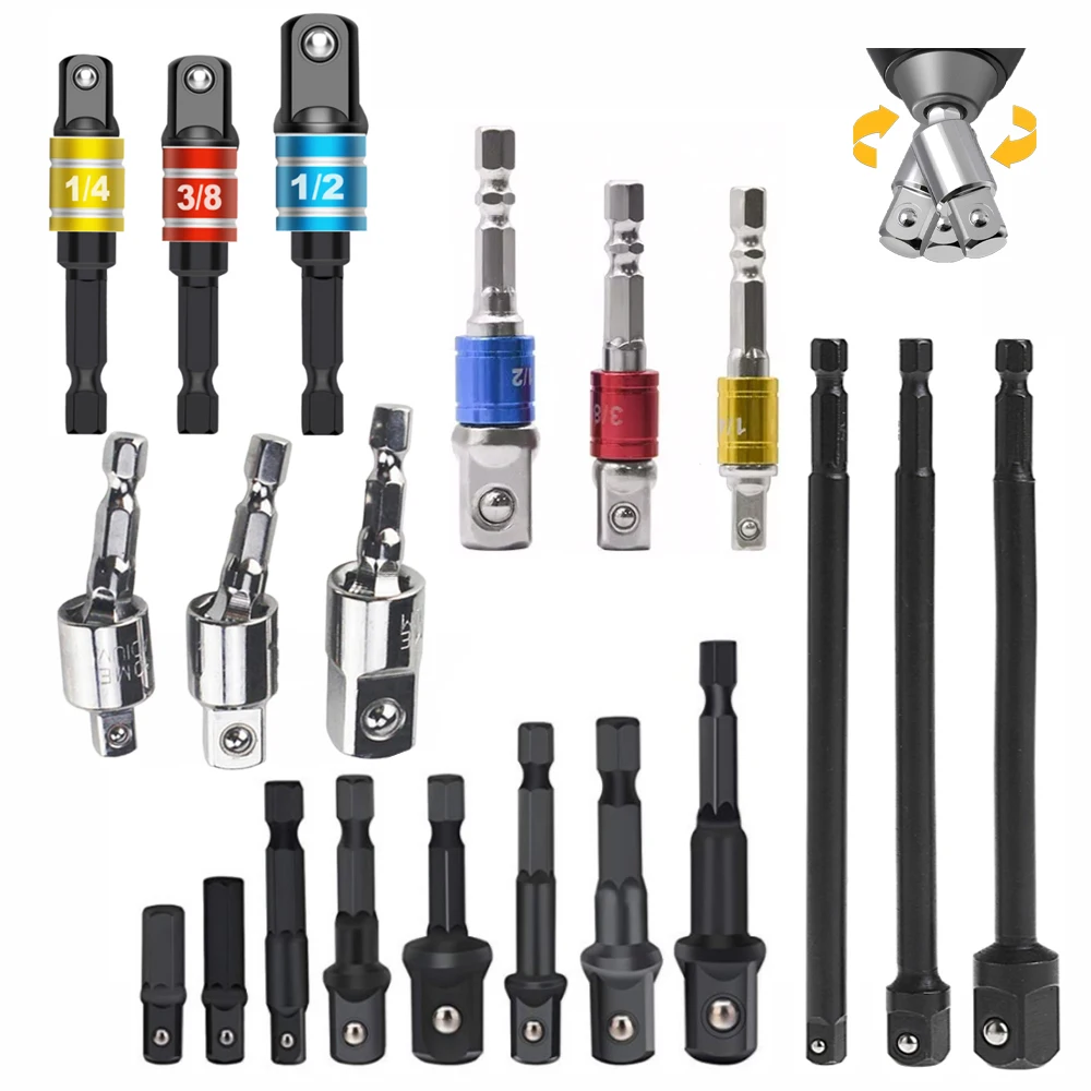 1/4 "3/8" 1/2 "อะแดปเตอร์ซ็อกเก็ตเจาะชุด Bits Nut Driver Power Extension Impact Grade Hex Shank อะแดปเตอร์เจาะประแจแขน 1
