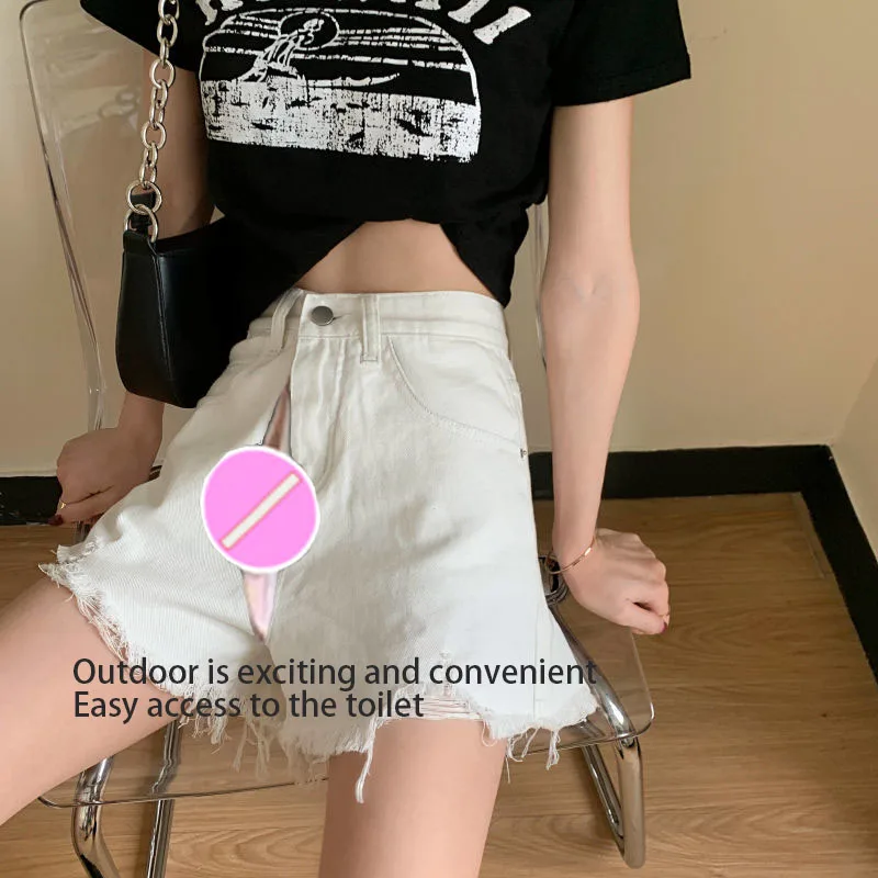 Denim Shorts Sexy Women Summer Thin Ripped Wide Leg Pants Outdoor Sex Convenient Erotic Pants Hot Sale High Waist A- Line Shorts