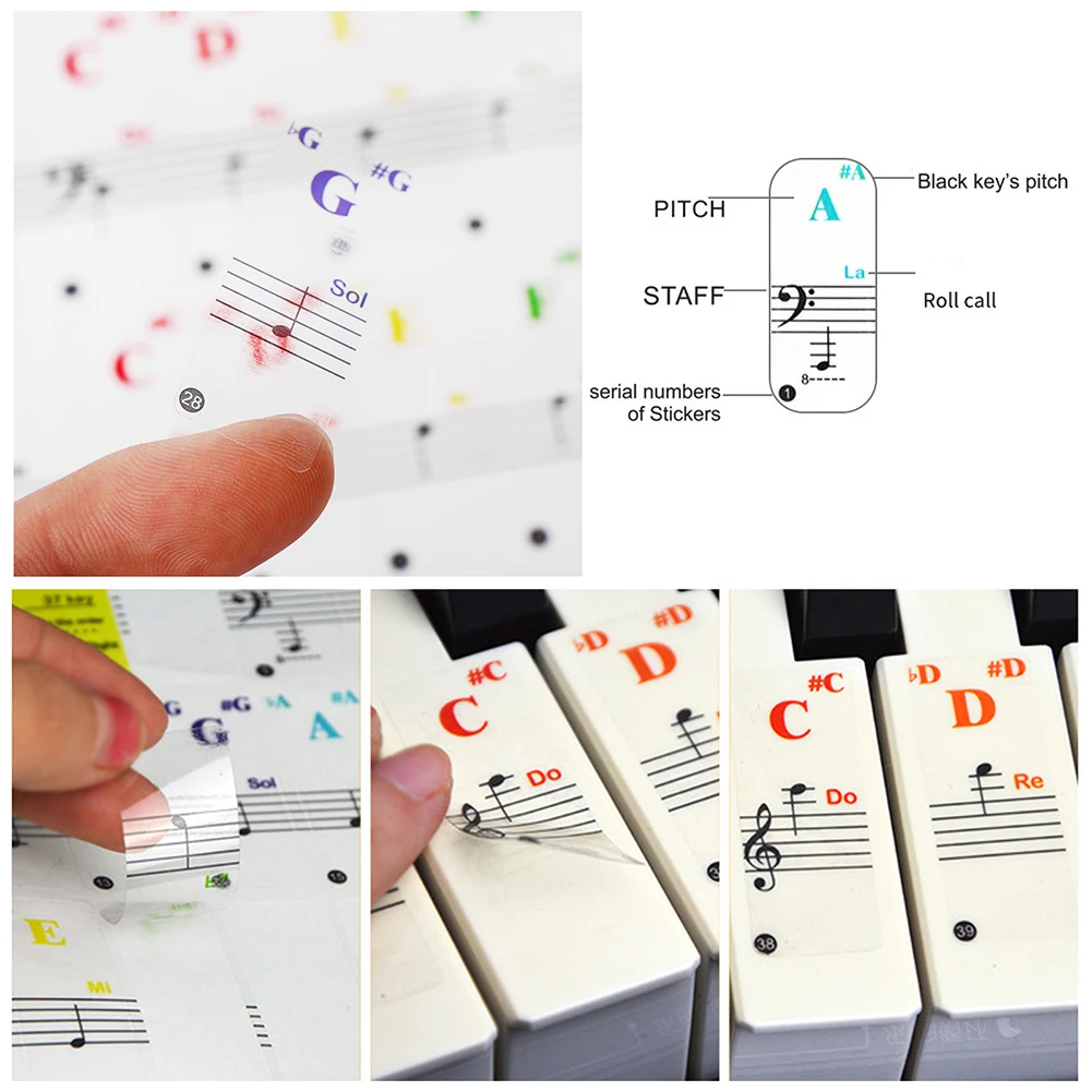 Transparent Colorful Pianos Keyboards Stickers Notes 15.5x40mm For 88/61/49/37 Keys Beginners Musical Instrument DIY Decoraction piano keyboard stickers
