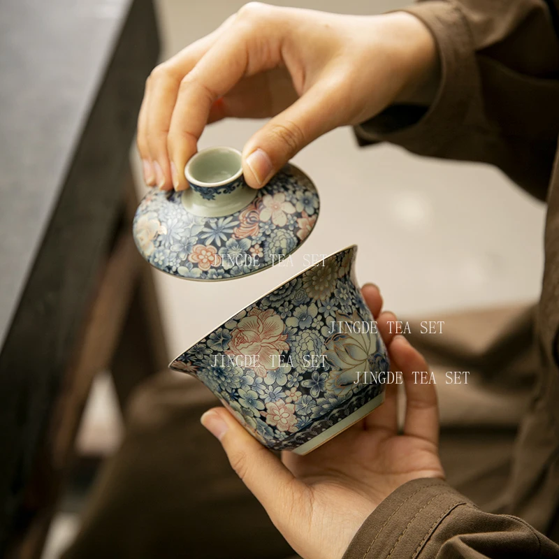 150ml Blue and White Ru Kiln Three Talents Bowl Cover Household Enamel Colored Tea Cup High End Kung Fu Tea Set with Lid