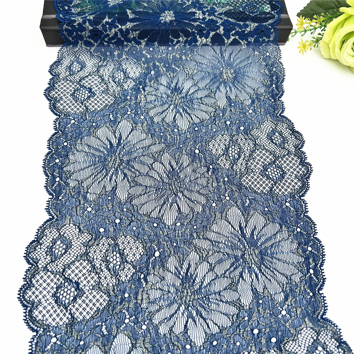 3y/lot Width 23cm Dark Blue With Gold Elastic Stretch Lace Trim 5
