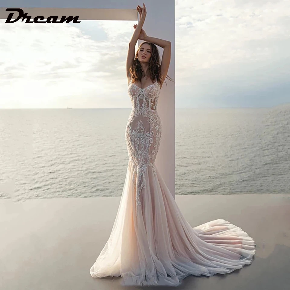 

DREAM Spaghetti Straps Tulle Mermaid Wedding Dress For Women Princess Sleeveless Lace Bridal Gown Appliques