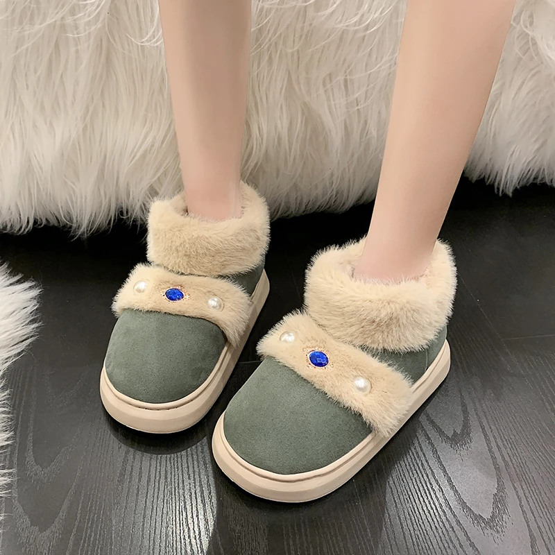 Furry Women Shoes 2023 New Diamond Design Women's Boots Winter Plush Warm Snow Boots Non-slip Thick Bottom Ladies Cotton Shoes