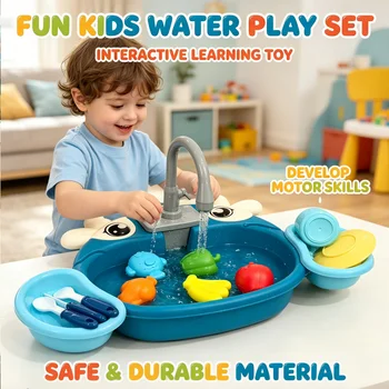 Lavello Elettrico Giocattolo per Bambini con Rubinetto ad Acqua Circolante, Set Gioco Cucina Educativo Sensoriale per Bambini e Bambine