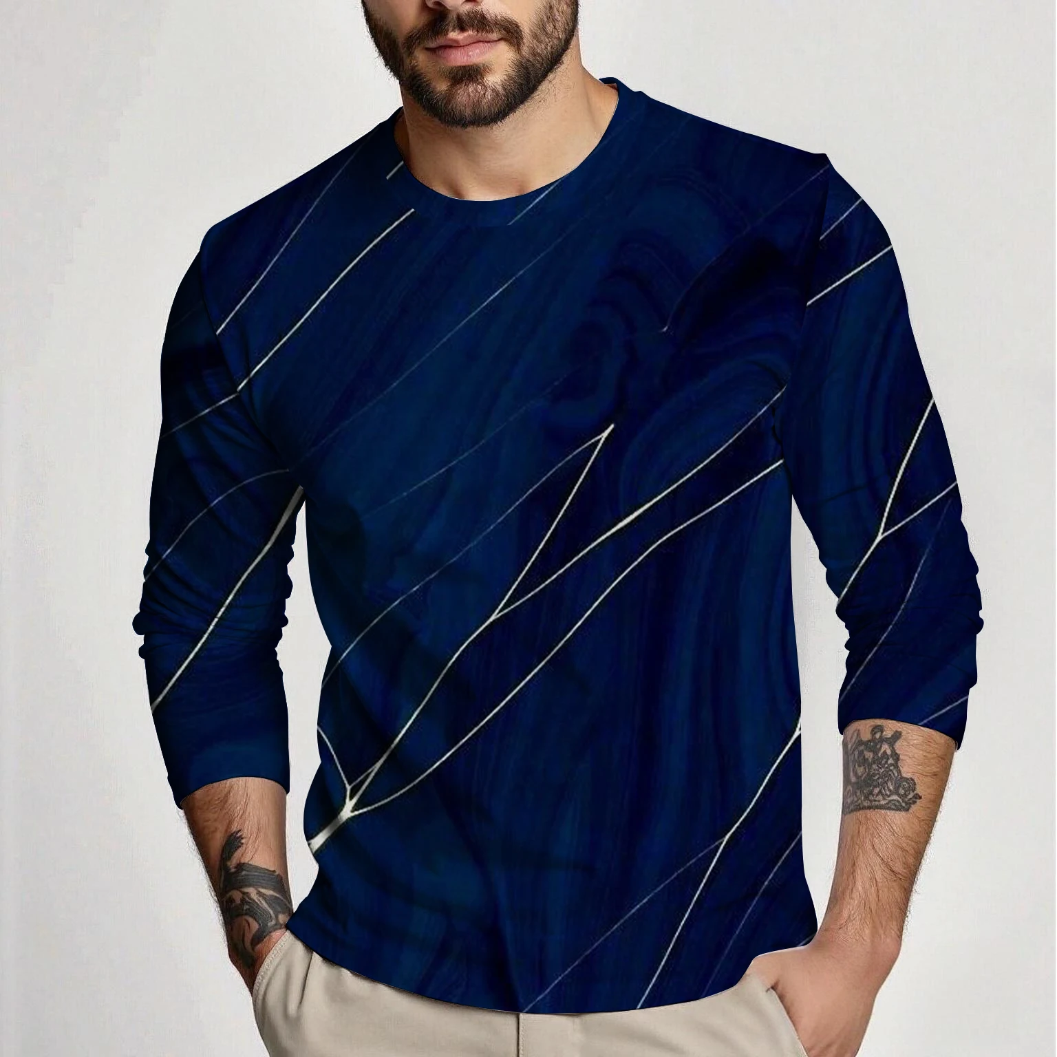 Frühlings- und Herbst-Herren-Langarmshirt mit Rundhalsausschnitt, Einfarbiges Design, Bequemes Vielseitiges Herren-Oberteil