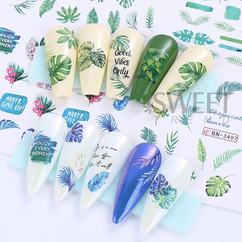 12pcs Summer Tropical Plants Nail Stickers Green Banana Leaves Palm Tree Floral Water Transfer Decals Sliders DIY Manicure Decor