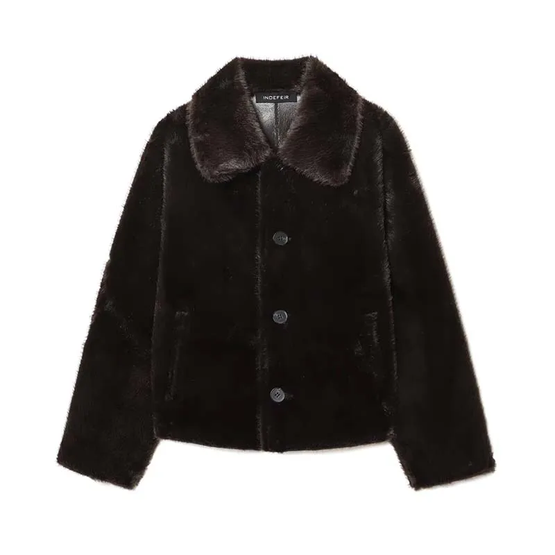 Women Faux Leacher Jacket Long Sleeve Double-Sided Wear Fleece Warm Short Coat Causal Autumn Winter Streetwear New Outerwear﻿