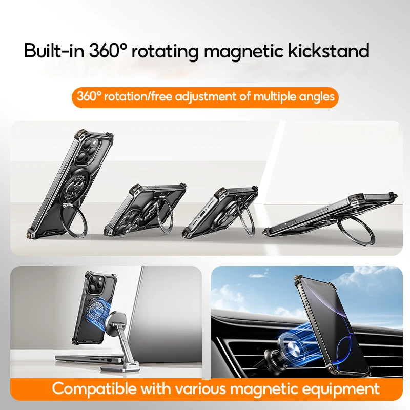 Eary Bat Case for iPhone 16 Pro Max with Magsafe 360°Rotation Kickstand Metal Frameless Military Grade Shockproof Phone Cover