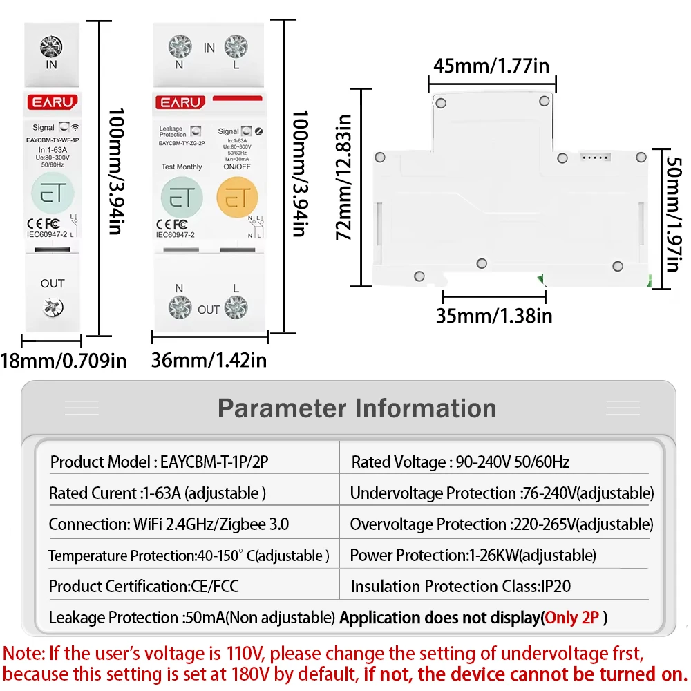 1P 2P TUYA APP Zigbee WIFI Smart Energy Power Consumption kWh Meter Circuit Brea