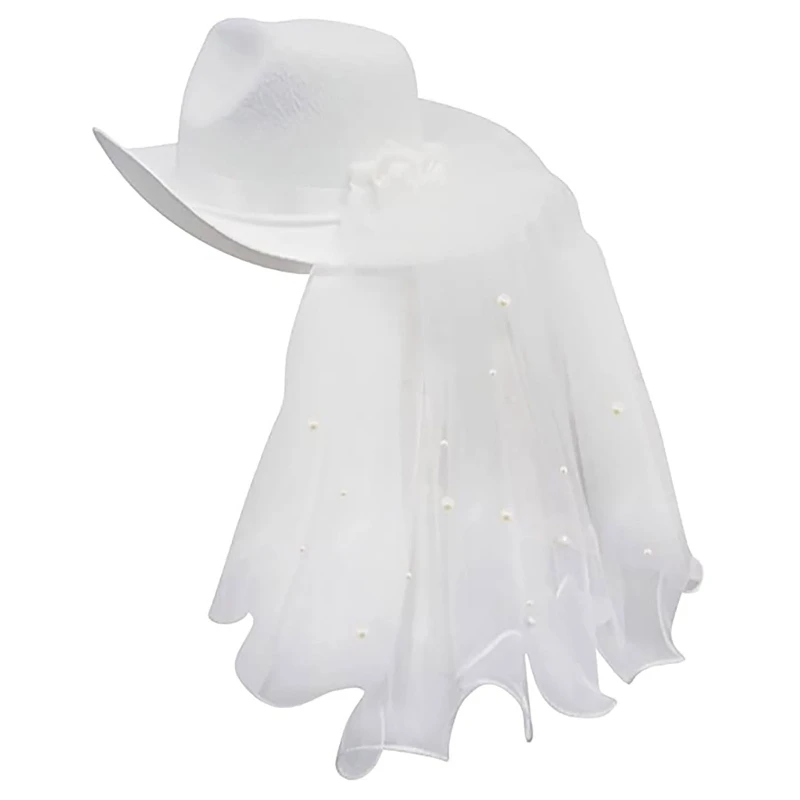 Women Bride Cowgirl Hat Wide Brim Bridal Western Style Shinning White Fedora Hat for Wedding Party Photoshoot Supplies