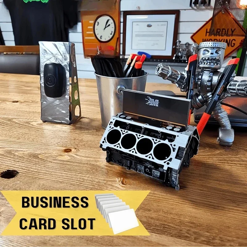 Creative Engine Block Desk Organizer Business Card Pen Holder Perfect Gift for Car Enthusiasts Resin Construction