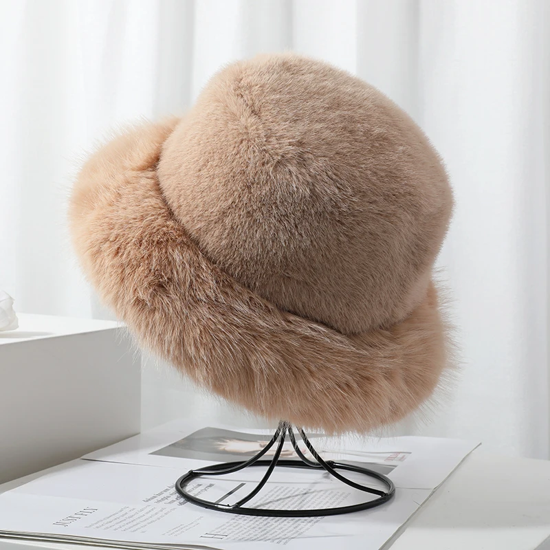 thumbnail image 2 of Dyfzdhu Fuzzy Bucket Hat For Women Faux Superficial Knowledge Fluffy Warm Soft Winter Fisherman Cap Furry Sun Hat Khaki 2 of 10