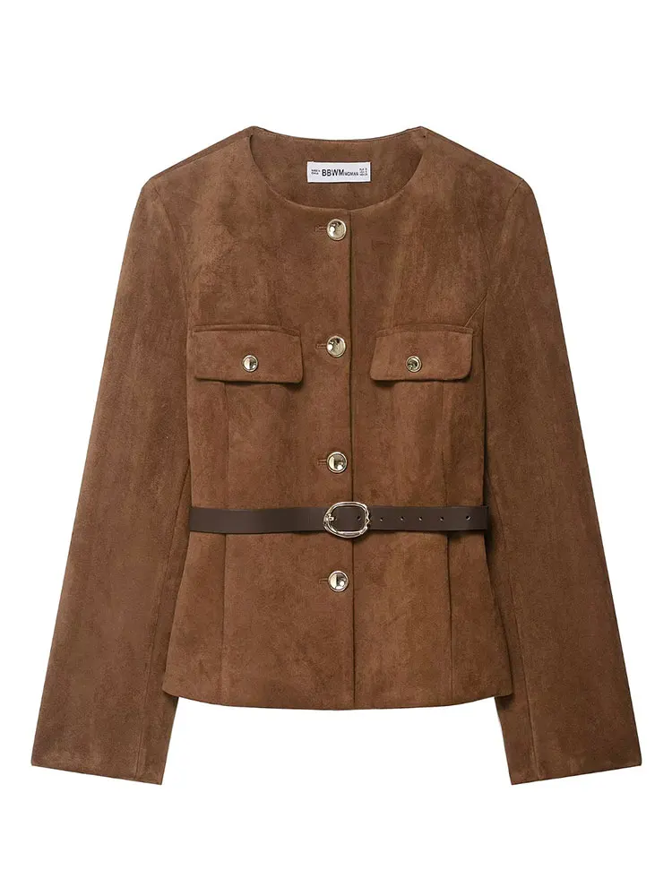 HH Women Casual Solid Suede Coats With Belt O Neck Single Breasted Long Sleeve Blazer Jacket Autumn Fashion High Street Outwear