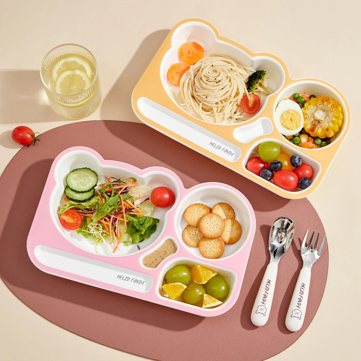 WORTHBUY New Cartoon Plastic Divided Dinning Plate With Soup Bowl Reusable Food Plates For Kids Microwave Safe Food Serving Tray