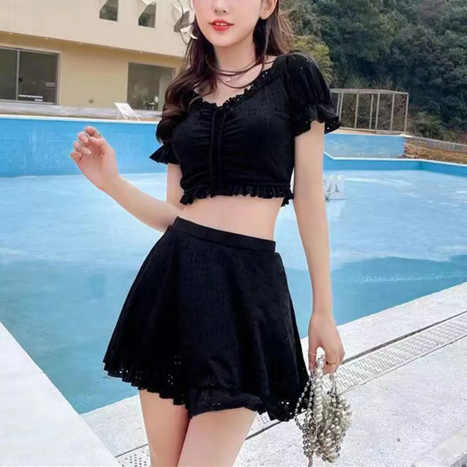 

Women's Split Swimsuit V Neck Skirt Casual Two Piece Swimsuit 4