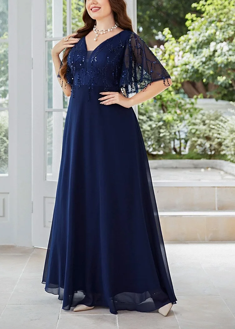 V Neck Royal Blue Sequins Shiny Plus Size Wedding Dress 5XL6XL Plus Size  Women's Chiffon MAXI Party Banquet Short Sleeve Dresses - AliExpress