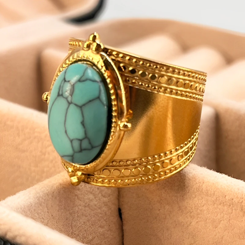 ヴィンテージフラワーターコイズ天然石,ラージオープンリング