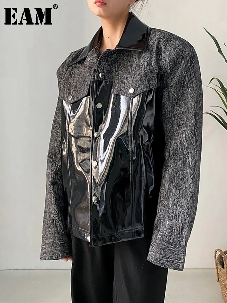 

[EAM] Loose Fit Black Denim Pu Leather Big Size Jacket New Lapel Long Sleeve Women Coat Fashion Tide Spring Autumn 2024 1DF7038