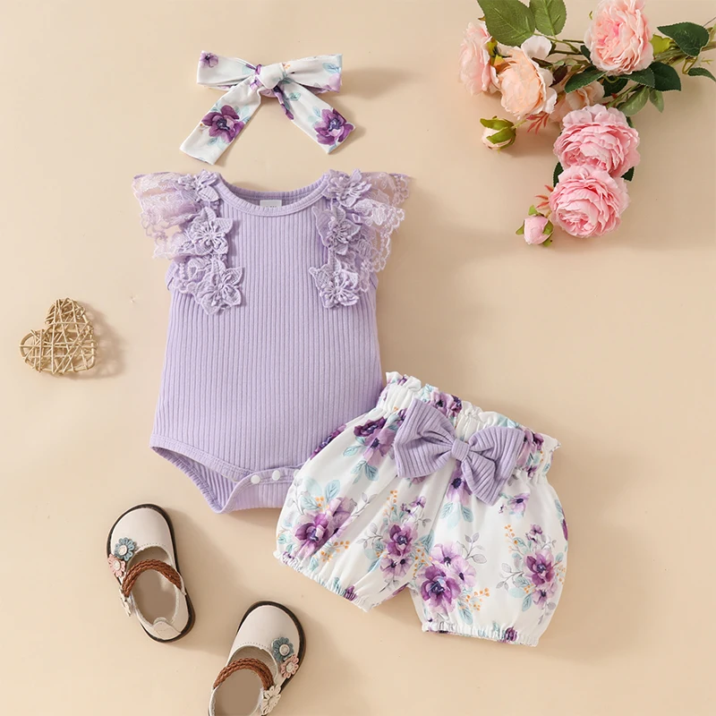 

Caziffer Baby Girls 3Pcs Summer Outfit Ruffle Short Sleeve Ribbed Romper Bodysuit Bow Shorts Headband Set Newborn Summer