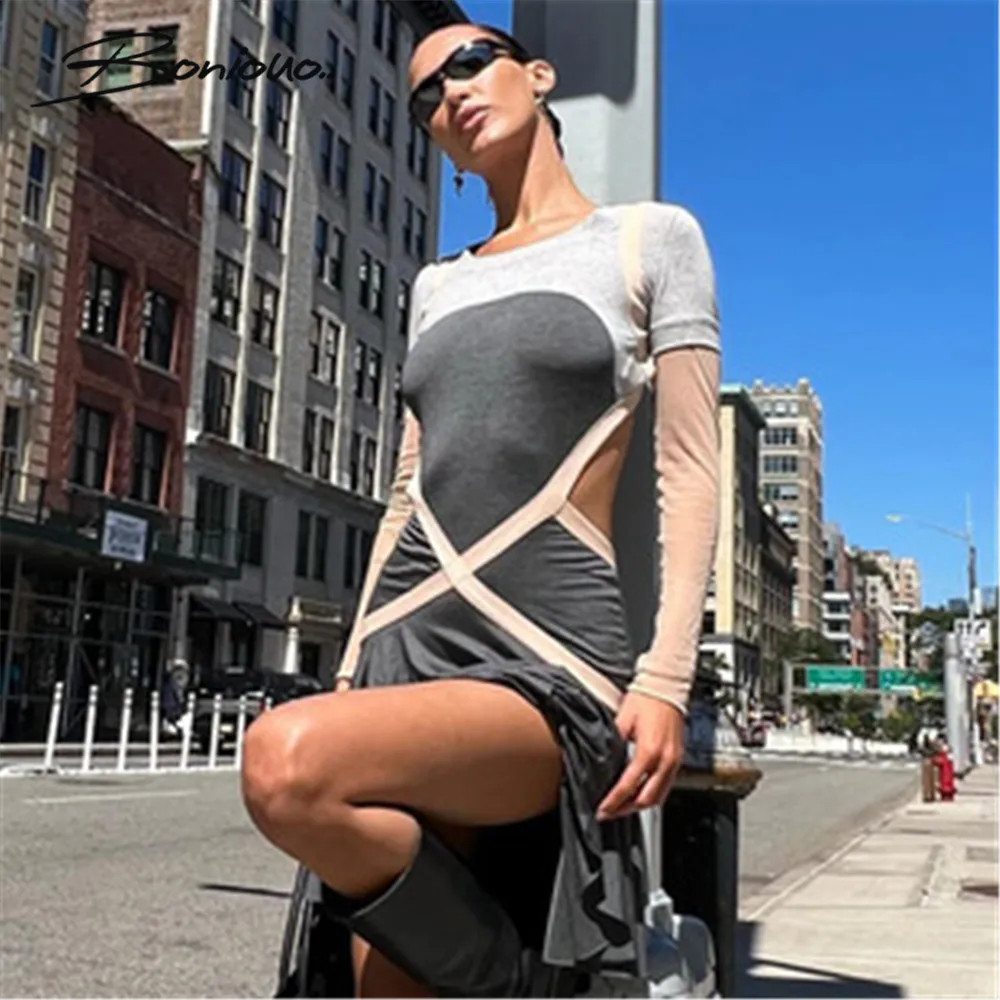

Boniouo Women Mesh Patchwork Backless Dress Fashion Casual O Neck Long Sleeve Pleated Dresses Female Robe Vestidos Woman Clothes