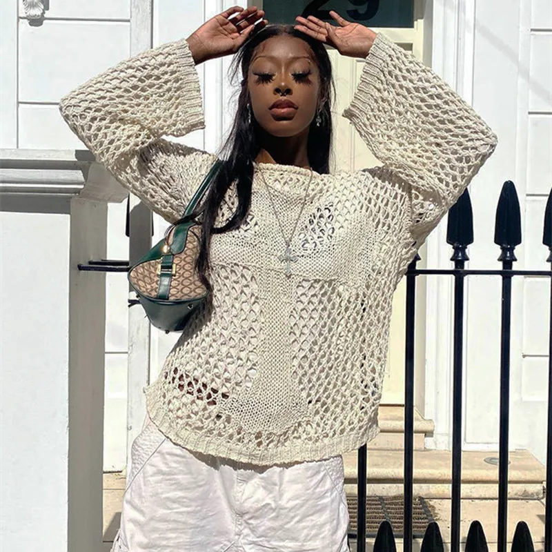 

2022 Summer See Through Black Y2K Oversized Knitted O Neck Hollow Out Long Sleeve T Shirts 90s Vintage Sexy Tops Beach