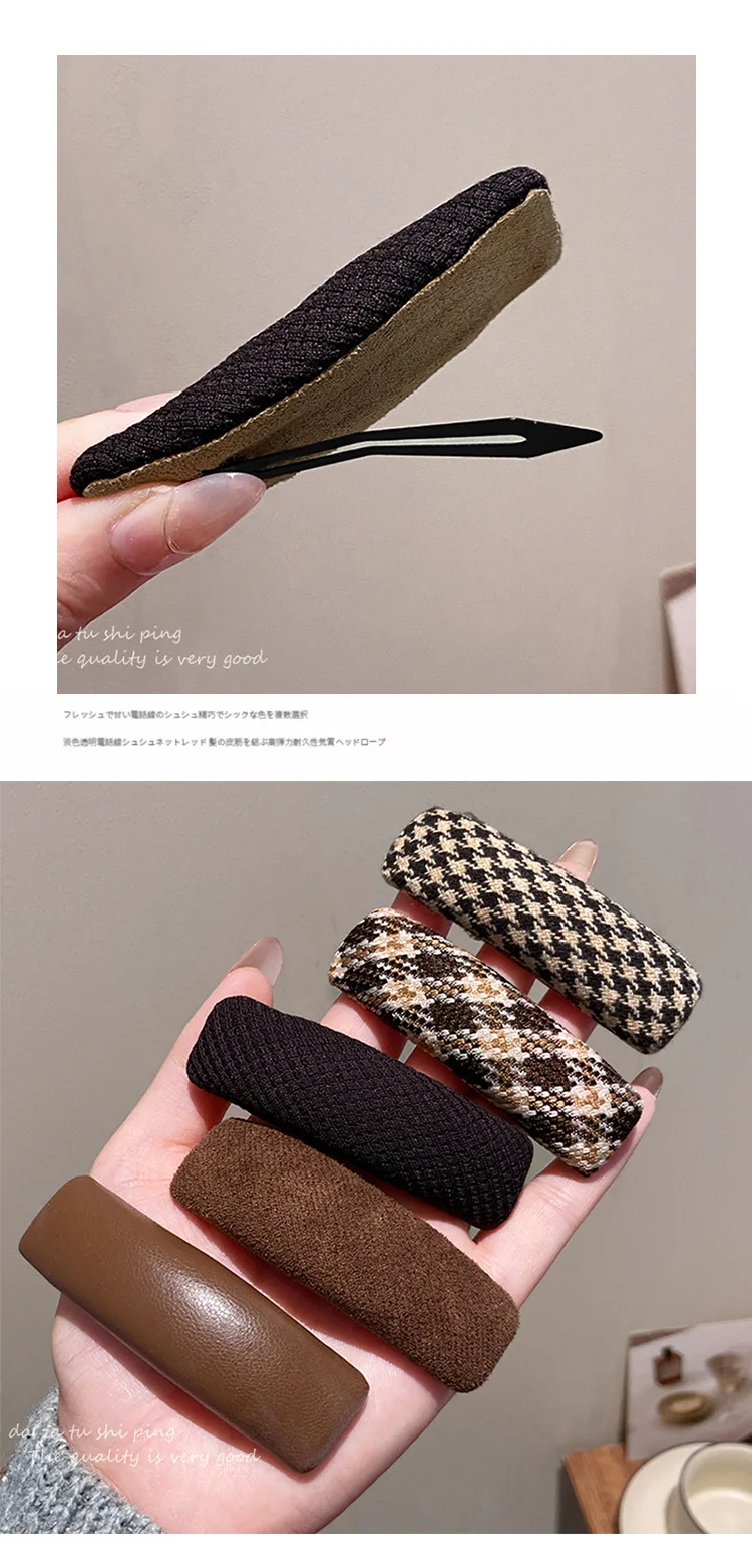 Vintage Kaffeebraune Seitenpony-Haarspange mit französischem Karomuster, Haarklammern für Mädchen, geometrische Haarspange, Haarschmuck – Detail 15