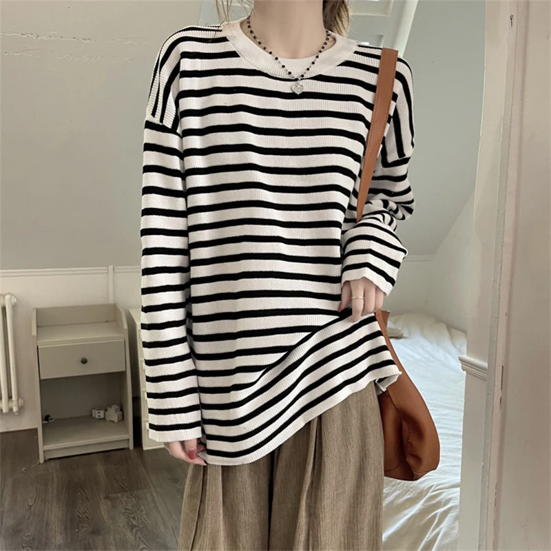 

Korean Fashion Striped Pullovers Women New Round Neck Loose Knitted Tops Spring Autumn Thin Long Sleeve Sweaters