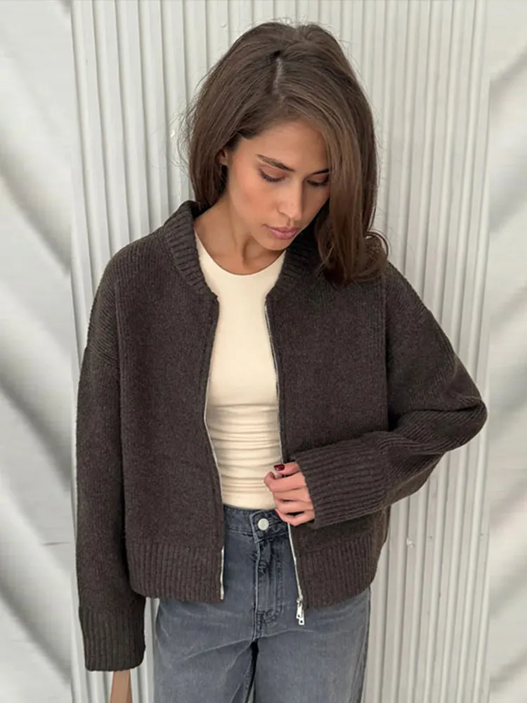 Fashion Solid Knitted Cardigan For Women Elegant O-neck Long Sleeve Zipper Female Sweater 2024 Autumn Winter Lady Chic Knitwear 3
